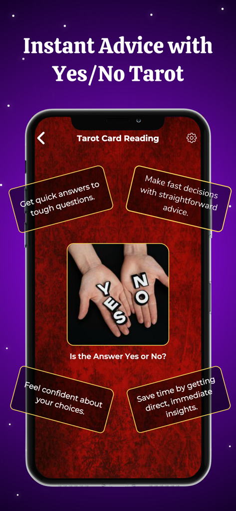 Interface of the Tarot Card Reading app showing the Yes or No instant advice feature for quick decision making