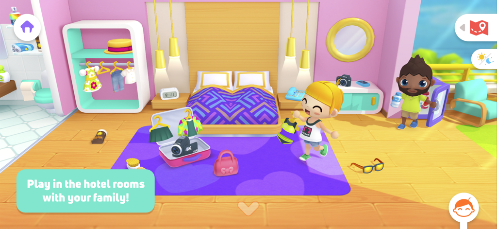 Personajes interactuando en una colorida habitación de hotel con una cama y una maleta.