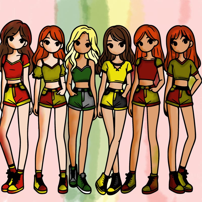 a group of girls wearing crop tops and shorts