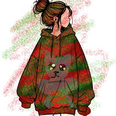 realistic girl with a oversized sweatshirt on and a bun