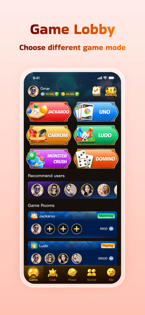 Tela do lobby de jogos do aplicativo Masa Club mostrando opções de jogos de tabuleiro como Jackaroo e Ludo