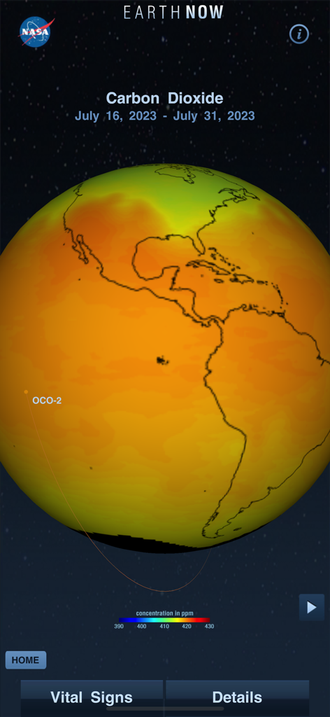 Captura de tela do aplicativo Earth-Now exibindo um globo 3D com um mapa de calor dos níveis globais de dióxido de carbono.
