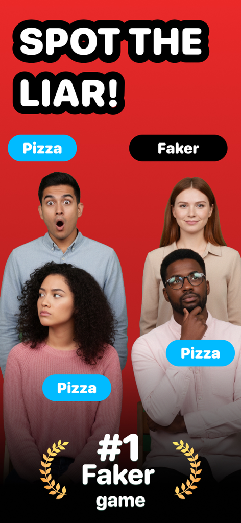 Faker: Who is Lying? Game - Quatro jogadores em um jogo de dedução social onde um é secretamente rotulado como o Faker