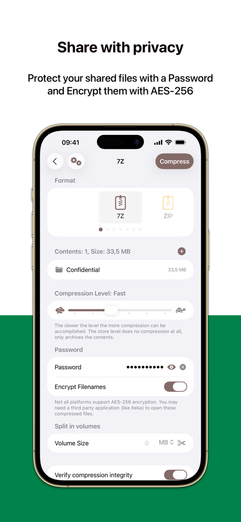 Keka app screenshot showing file compression settings with AES-256 encryption and password protection on iPhone
