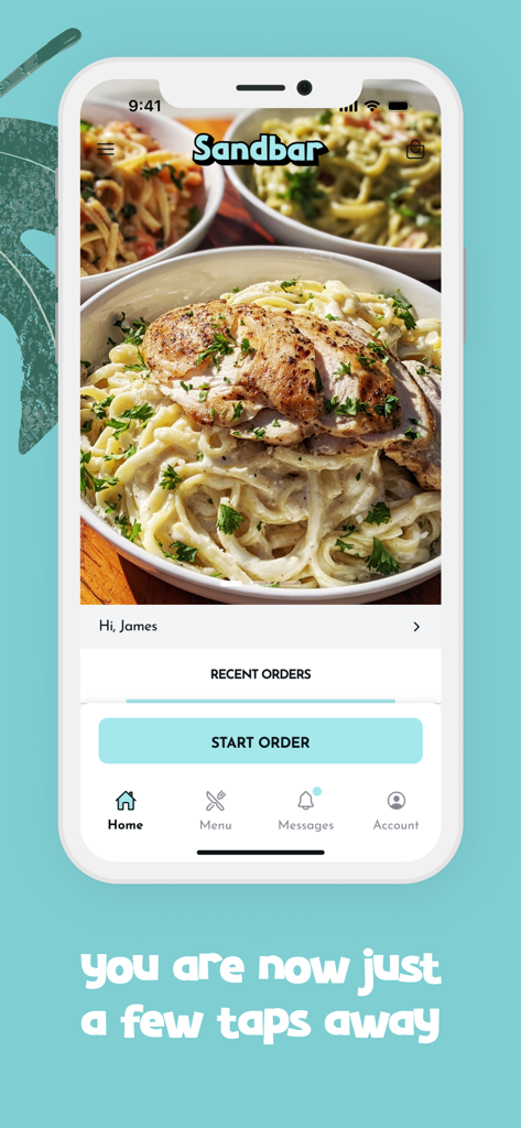 Sandbar Beachfront Hostel - Sandbar Beachfront Hostel app interface displaying a food photo and a start order button.