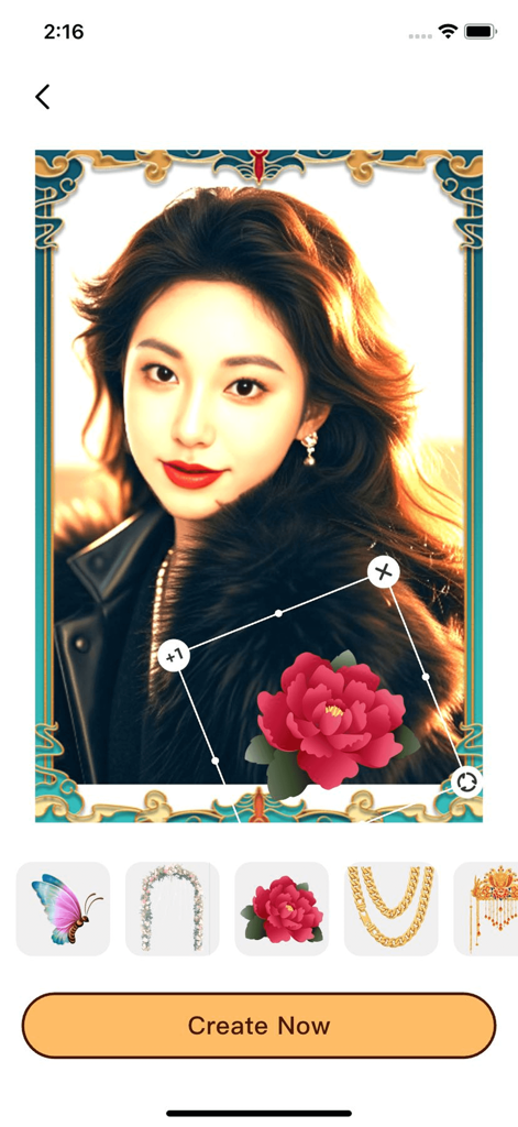 YingLow - YingLow app interface showing a photo being decorated with creative stickers and a decorative frame