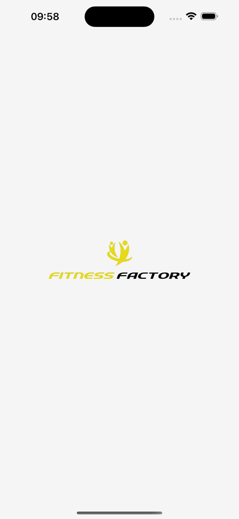 Fitness Factory - フィットネスファクトリーアプリのスプラッシュスクリーン、白い背景にロゴが表示されています