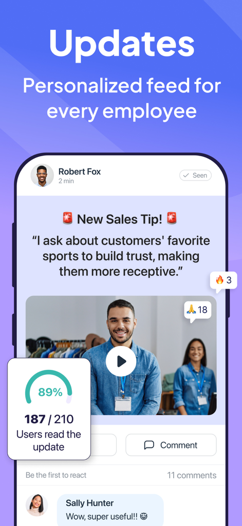 Connecteam Team Management App - A mobile app screenshot showing a personalized employee update feed with a sales tip post and engagement analytics