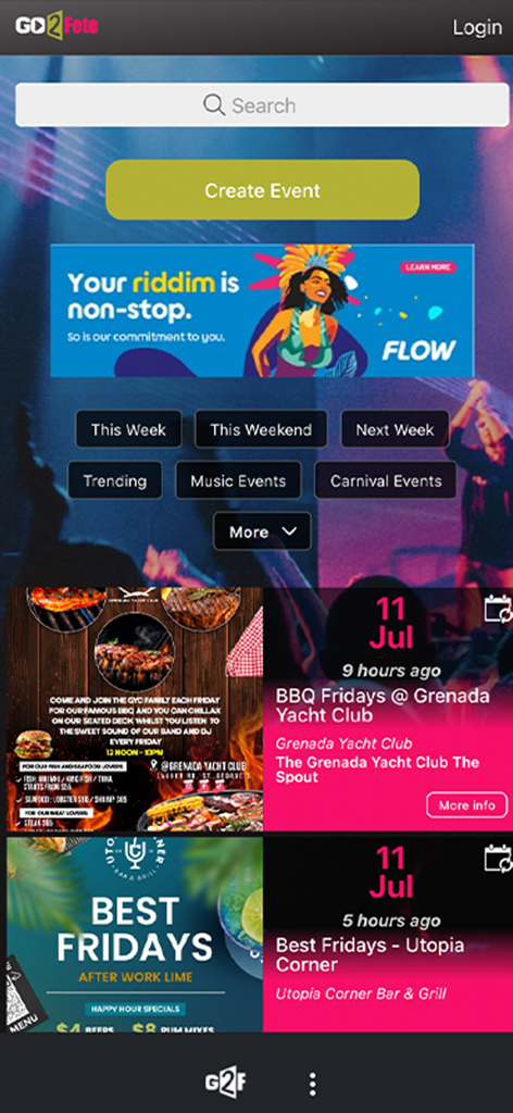 Schermata iniziale dell'app Go2Fete con elenchi di eventi, barra di ricerca e categorie per eventi a Grenada.
