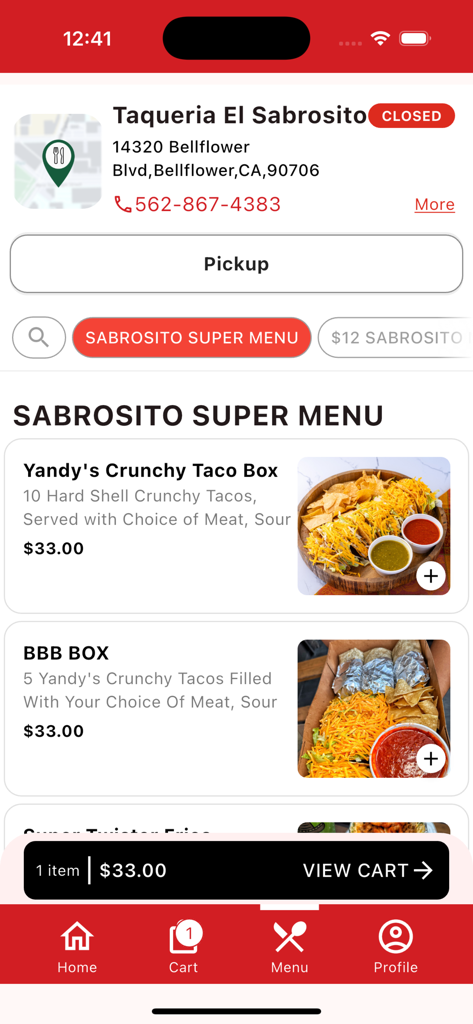 Interface do menu do aplicativo Taqueria El Sabrosito mostrando caixas de tacos e o carrinho de compras