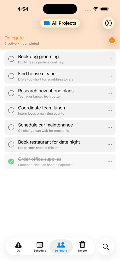 (nothing) To Do - Ein Screenshot, der den Abschnitt 'Delegieren' der nothing To Do-App mit einer Liste von Aufgaben zeigt, die mit der Eisenhower-Matrix priorisiert wurden.