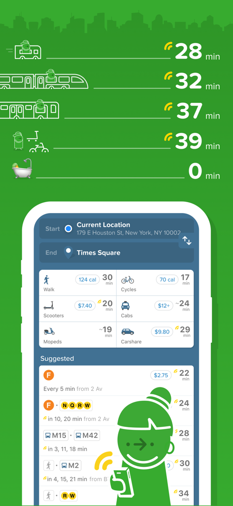 Citymapper: All Live Transit - Citymapper 앱 화면에 뉴욕시의 다양한 대중교통 옵션과 이동 시간이 표시됨