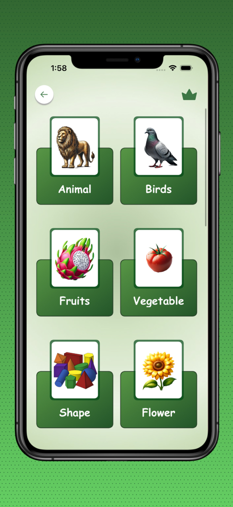 Mobile app screen showing educational categories for toddlers including animals birds fruits vegetables shapes and flowers