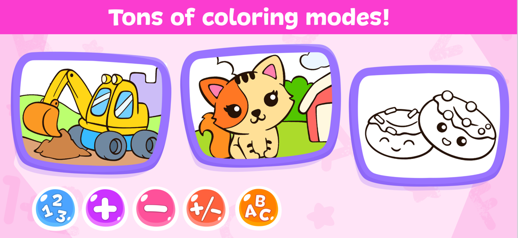 Coloring Games for Kids 2-5 - Educational coloring screen with excavator kitten and donut illustrations featuring math and alphabet learning modes
