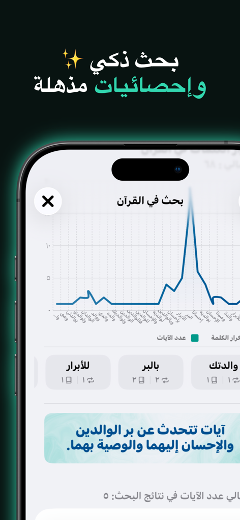 بيان - القرآن الكريم - Bayan Quran app smart search and data visualization interface showing word frequency charts