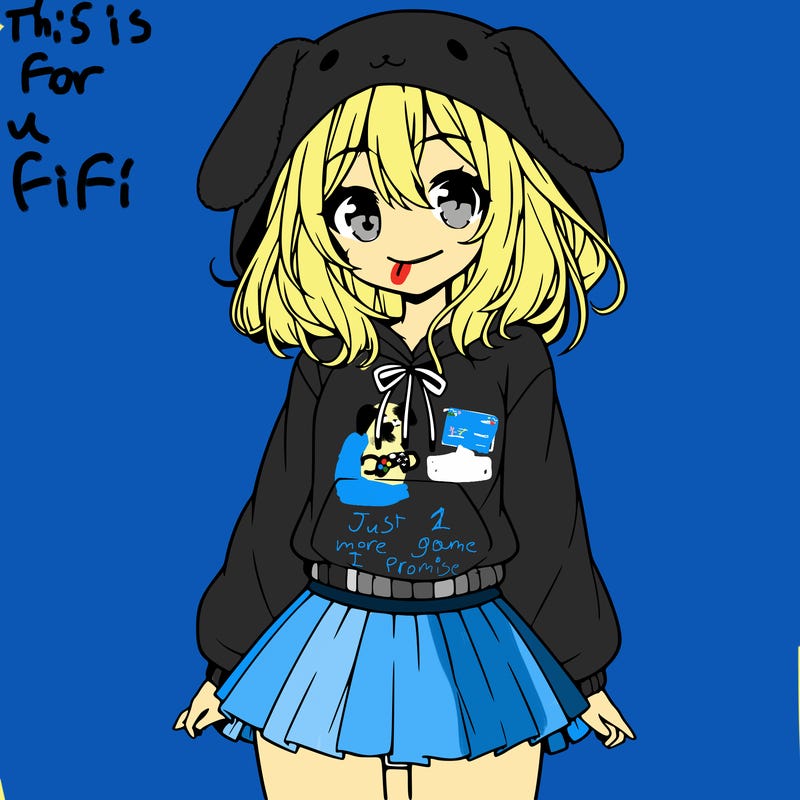 pretty anime girl wearing a fluffy hoodie with bunny ears on the hood and a skirt