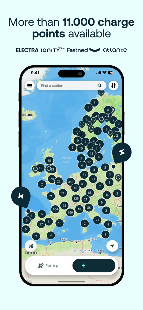 Electra - Fast Charging Hubs - Vista de mapa de la app Electra que muestra miles de puntos de carga para VEs disponibles en Europa
