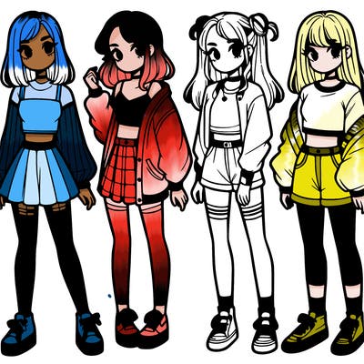 one girl with crop-top shirt and a jacket with a skirt, long socks and another girl with a shirt and pants with a jacket