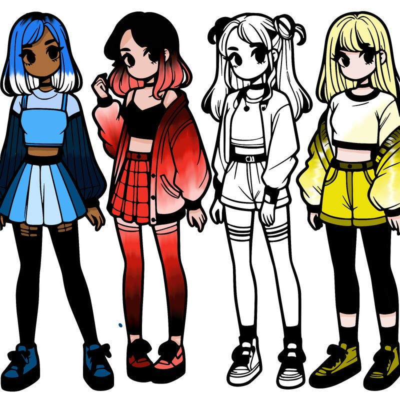 one girl with crop-top shirt and a jacket with a skirt, long socks and another girl with a shirt and pants with a jacket