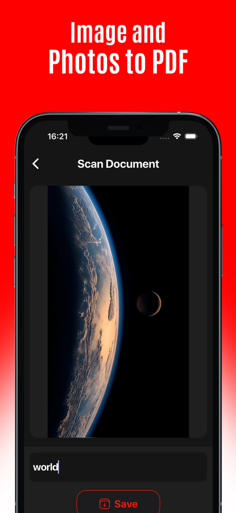 PDF Converter:  PNG to PDF - 地球の写真をPDFドキュメントに変換するプロセスを示すモバイルアプリのスクリーンショット。