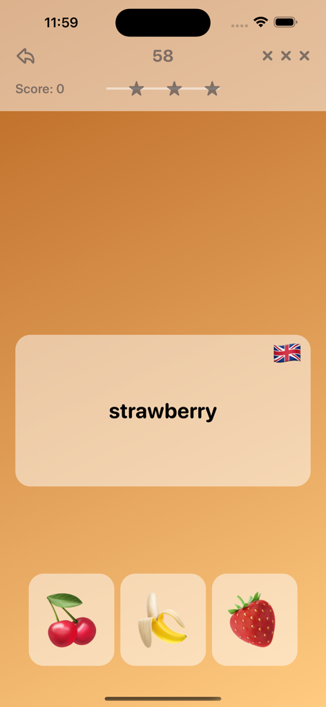 New Emoji Quiz Game - Puzzle - Gameplay screen of New Emoji Quiz Game showing a word puzzle to identify a strawberry emoji among other fruits