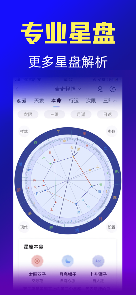 天体の位置と詳細な解説を表示する、Acorn Astrologyアプリ内のプロフェッショナルな出生図（ネイタルチャート）インターフェース。