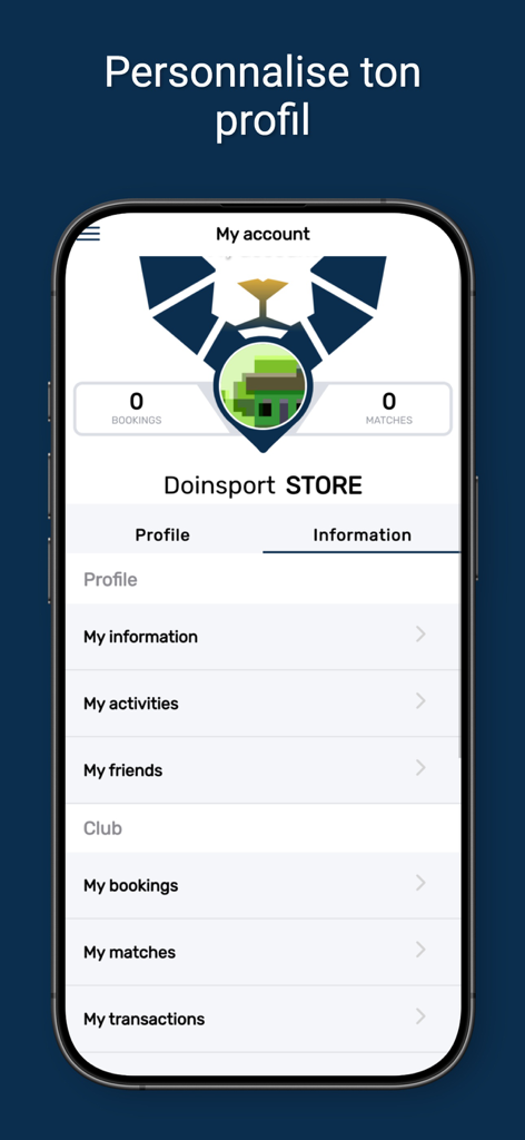 GONES PADEL - Interface de compte utilisateur de l'application Gones Padel montrant les informations de profil, les activités, les réservations et le menu des matchs.