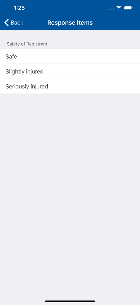 SECOM app screen showing safety response items with options for Safe, Slightly injured, and Seriously injured