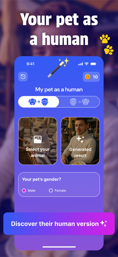 Screenshot of the Human Pet app displaying a dog and its AI human counterpart