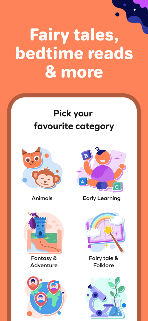 Pantalla de la aplicación Splash Books que muestra varias categorías de lectura infantil como animales, fantasía y ciencia