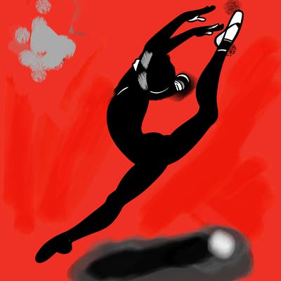 gymnast doing a leap in a leotard with a bent back leg