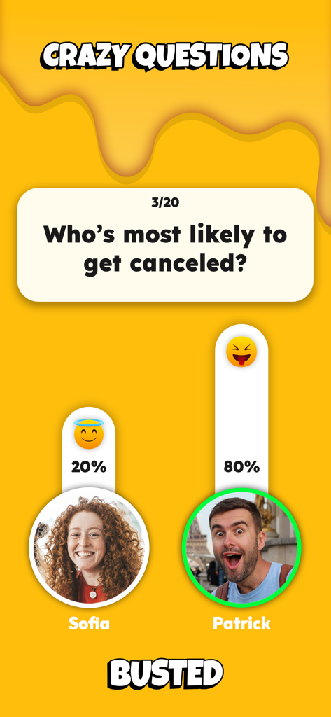 Busted & Exposed 2: Party Game - プレイヤーの投票率を示すクレイジーな質問「キャンセルされる可能性が最も高いのは誰か」が表示された、Busted and Exposed 2モバイルパーティーゲーム画面
