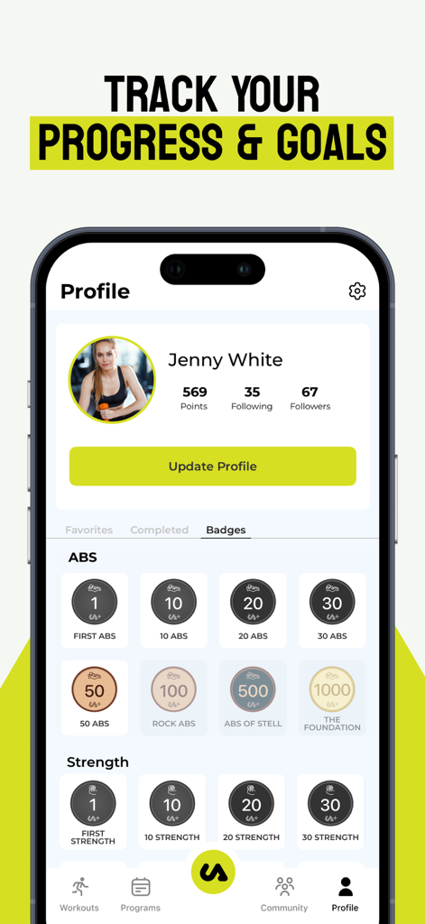 Urban Active plus fitness app profile screen displaying progress badges and user statistics