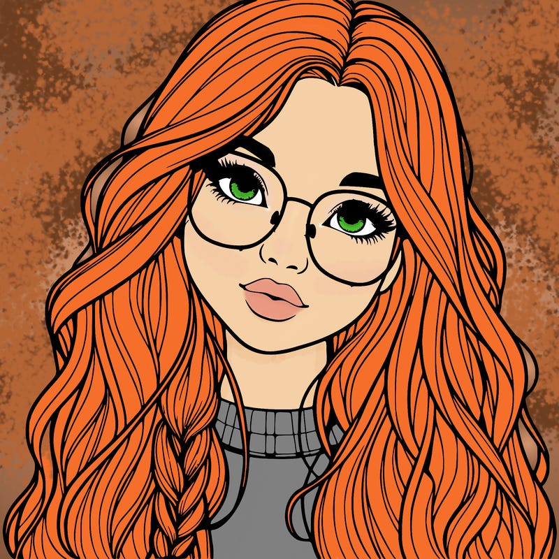 girl with long hair and freckles and glasses realistic
