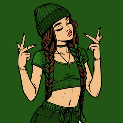 realistic teenage girl with braids and a beanie and crop top doing 🫶🏼