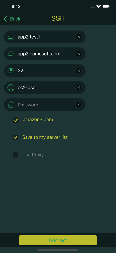 Configuration screen for setting up a new SSH server connection in iTerminal