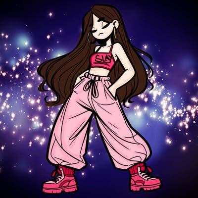 girl in baggy pants crop top and long hair