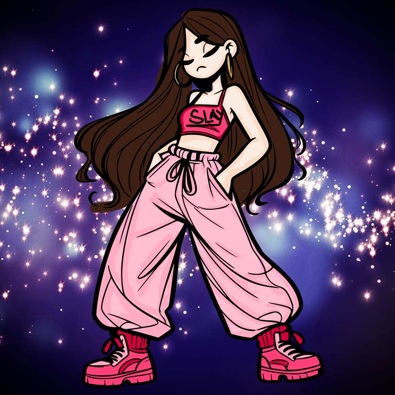 girl in baggy pants crop top and long hair