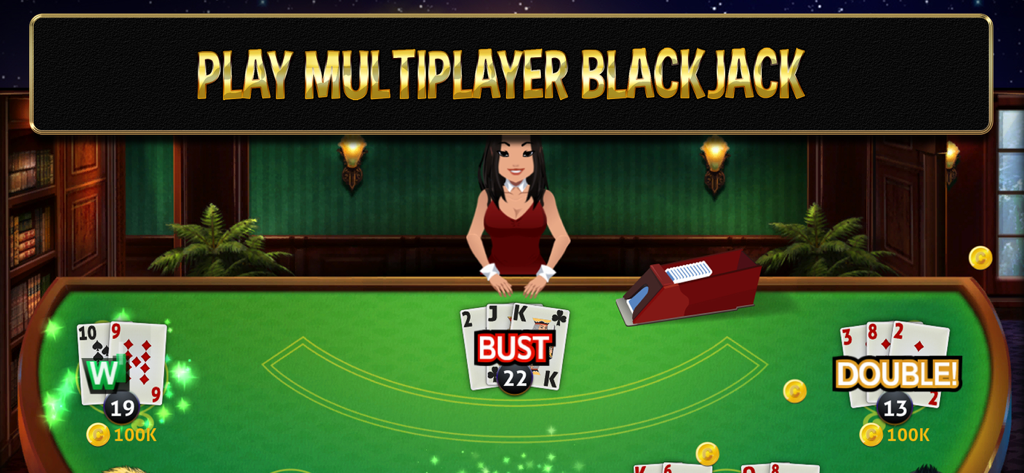Vegas World Casino - Capture d'écran d'une partie multijoueur de blackjack dans Vegas World Casino, montrant un avatar de croupier et plusieurs mains de cartes sur une table verte.