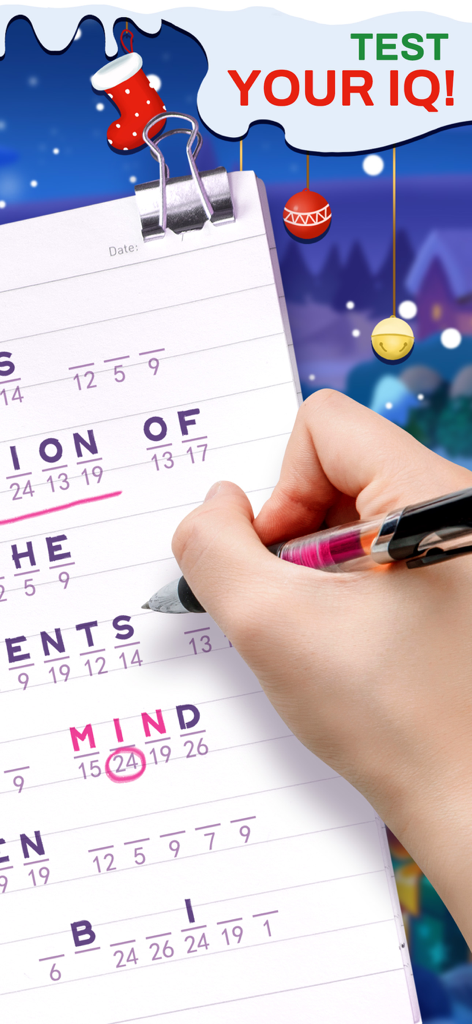 Cryptogram Word Puzzle Game - 冬のホリデーテーマと「IQをテストする」というテキストが表示されたメモ帳でクリプトグラム単語パズルを解いている手。