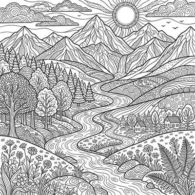 Embark on a creative journey with this stunning nature landscape coloring page, featuring majestic mountains, a winding river, and a charming forest. Unwind as you bring this detailed outdoor scene to life with your favorite colors.