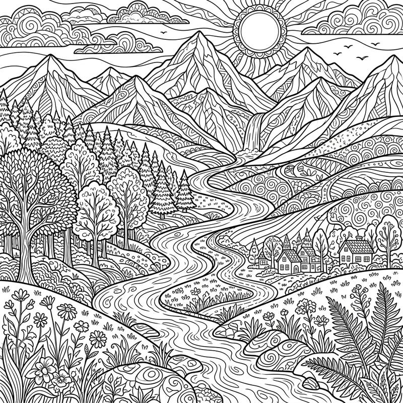 Embark on a creative journey with this stunning nature landscape coloring page, featuring majestic mountains, a winding river, and a charming forest. Unwind as you bring this detailed outdoor scene to life with your favorite colors.