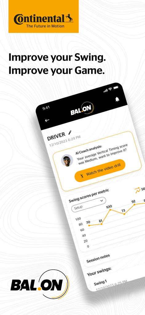 Interfaz de la aplicación de golf BAL.ON que muestra el análisis del entrenador de IA y el gráfico de métricas de rendimiento del swing