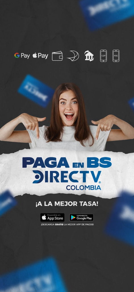 Recargas24hrs - Imagen promocional de la app Recargas24hrs mostrando opciones de pago para DirecTV Colombia a la mejor tasa de cambio