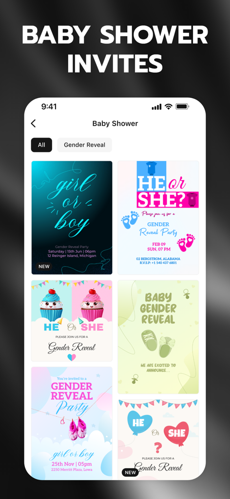 Invitation Maker + RSVP - Uma coleção de modelos de convites para chá de bebê e revelação de gênero no aplicativo