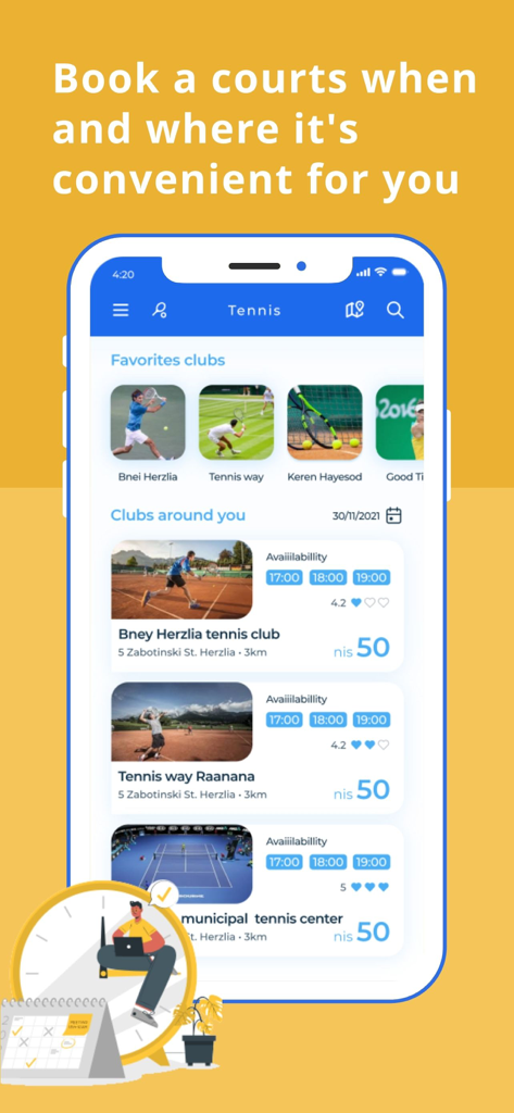 lazuz - הזמנת מגרשי ספורט - Lazuz mobile app interface showing tennis court availability and booking options in various clubs