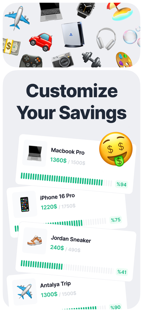 La interfaz de la aplicación Mani muestra barras de progreso para diferentes metas de ahorro como un Macbook y un iPhone