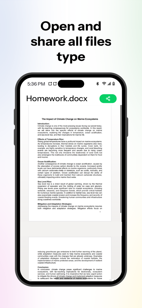 Drime: Files Cloud Storage - Drime app interface showing an opened homework document with a share option.