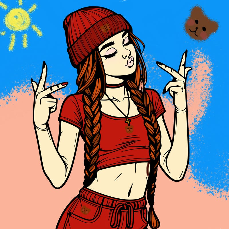 realistic teenage girl with braids and a beanie and crop top doing 🫶🏼