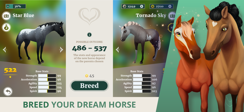Wildshade Fantasy Horse Races - Interface of the Wildshade mobile game showing the horse breeding menu with two parent horses and their base stats.